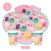 8guests 36pcs disposable owl tableware sets pink paper platescupsnapkins kids girl birthday party supplies eco friendly
