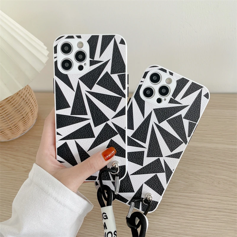 

Geometric Cartoon Leopard Phone Case For iPhone 11 12 mini Pro Max XR X XS MAX 7 8 Plus Chain Camera Protection Shockproof Cover