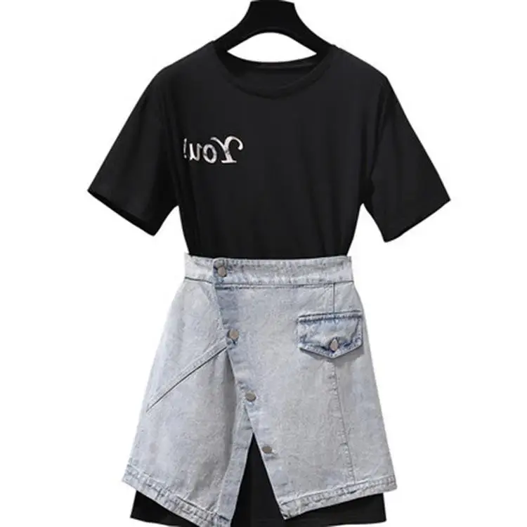 

ICHOIX 2 piece Korean Dress Women Summer T-shirt Dress Cute Girl 2 Piece Set Clothing Denim Skirt Set Casual 2 Piece Outfits