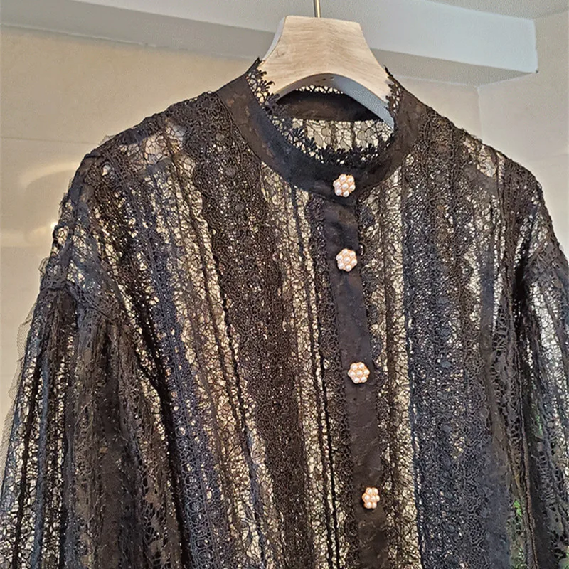 VERHELLEN High Quality Luxury Designer Runway Shirts 2020 Spring Women's Long Sleeve Pearl Button Lace Embroidery Loose Blouses | Женская