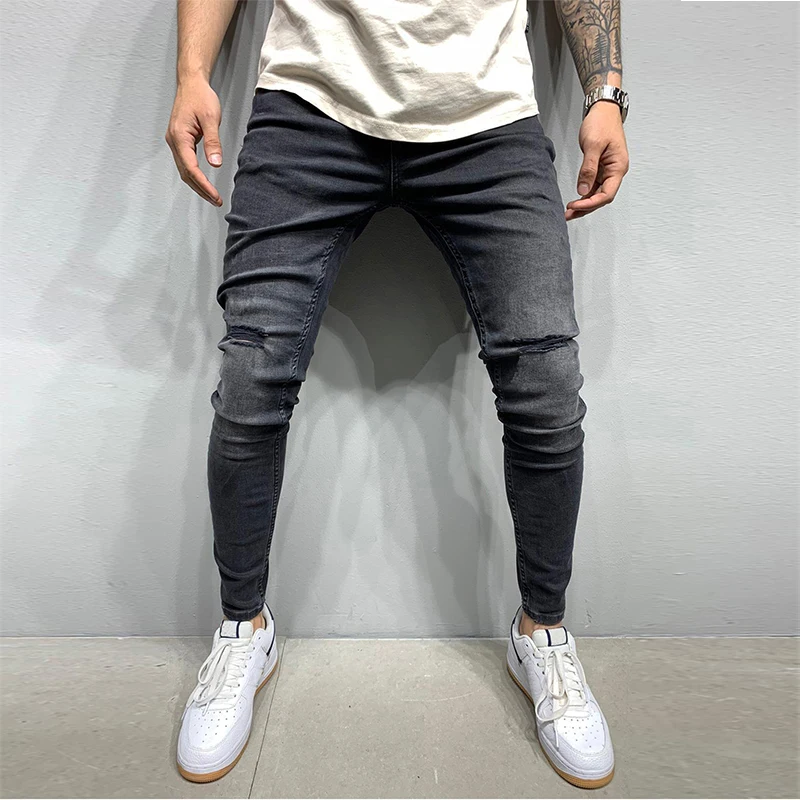 Pure color Ripped Jeans Men Slim Long Pencil Pants Spring Hole Men Fashion Thin Skinny Jeans Male Hip-hop Trousers Men Clothing