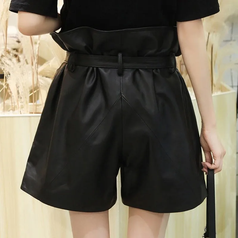

Leather Women High Genuine Waist A-Line Shorts Street Sashes Casual Wide Leg Shorts Designer Autumn Loose Office Black Shorts
