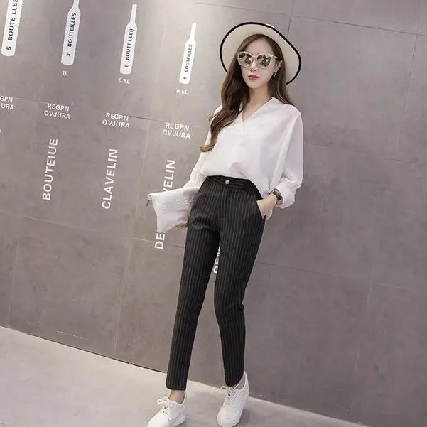 2020 женские строгие полосатые брюки простые узкие длиной до щиколотки штаны с