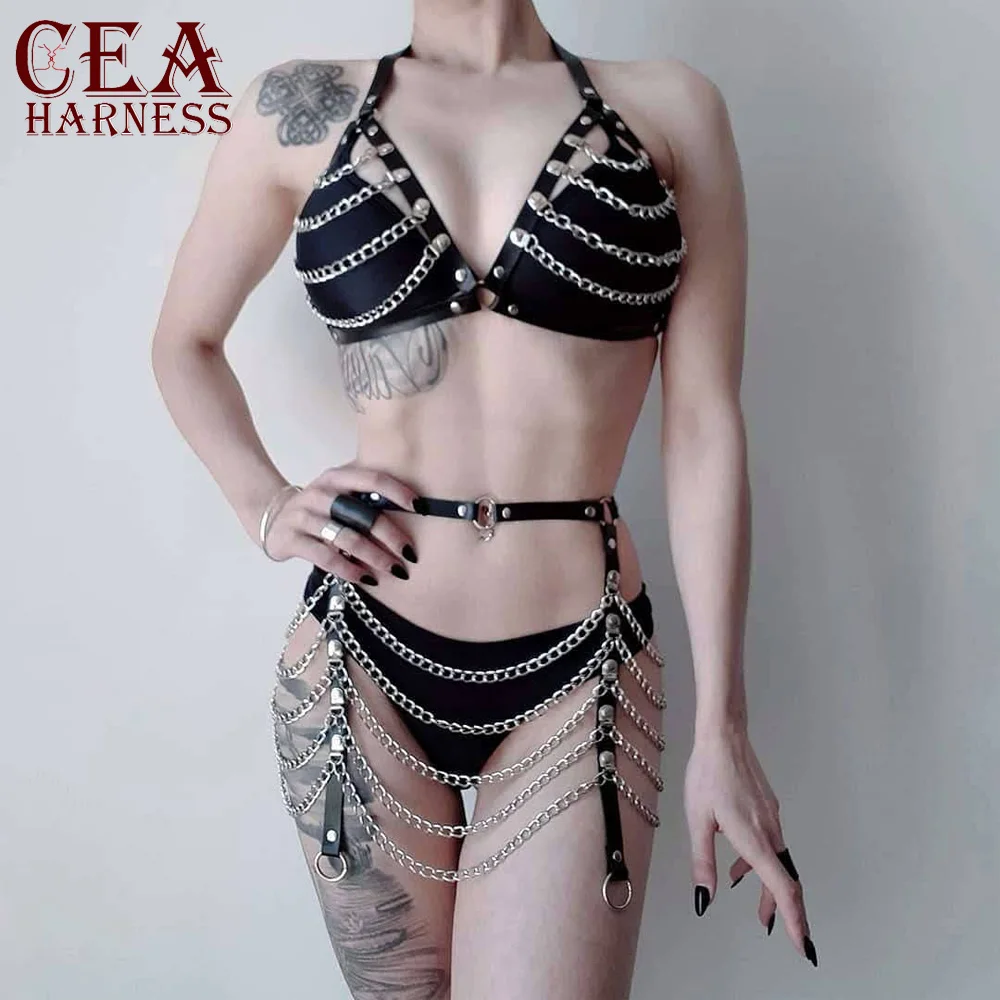 Женское кожаное бондажное белье с цепочкой в комплекте нижнее белье|Подвязки| |
