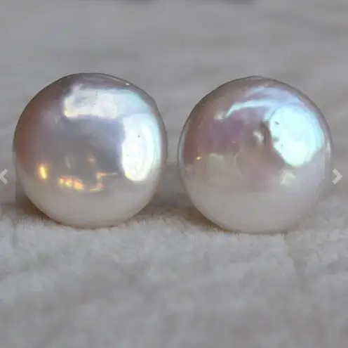 

New Style Luck Jewelry Coin Pearl Earrings 14MM White Huge Size Natural Freshwater Pearl Wedding Jewelry Fashion Women Gift