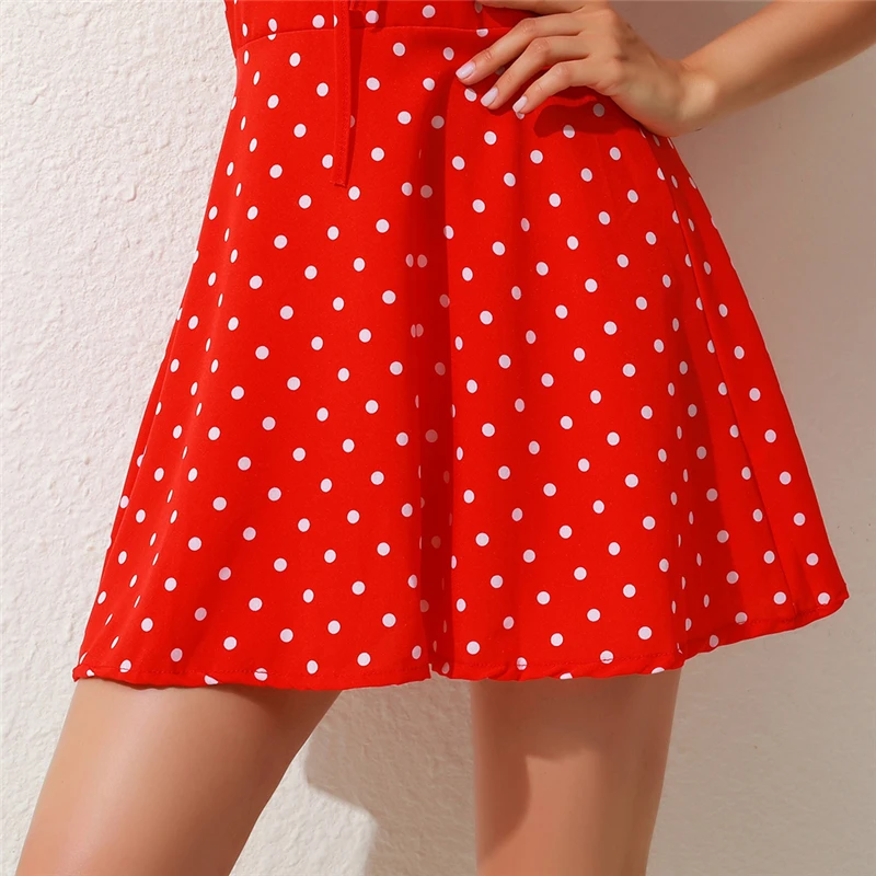 

Women 2021 Summer Off Shoulder Polka Dot Print Mini Dress Elegant Tie Front V Neck Party Dress Sleeveless Spaghetti Strap Dress