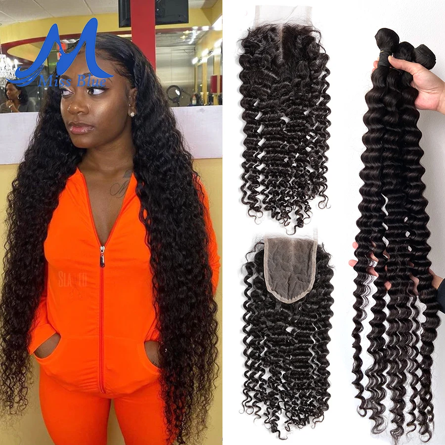 Missblue кудрявые бразильские волосы волнистые пряди с закрытием 40 дюймов глубокая