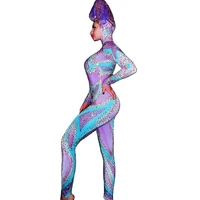 sparkly rhinestones multicolor striped women jumpsuits tight stretch leotard long sleeve dj singer stage dance costume