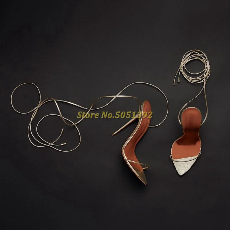 Gold Lace Up Sandals Stilettos High Heel Real Picture Sexy Pointed Toe Ankle Strap Dress Women Shoes Tie Up Sandals Narrow Strap