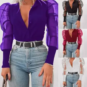 Блузка женская с пуговицами на пуговицах и V-образным вырезом