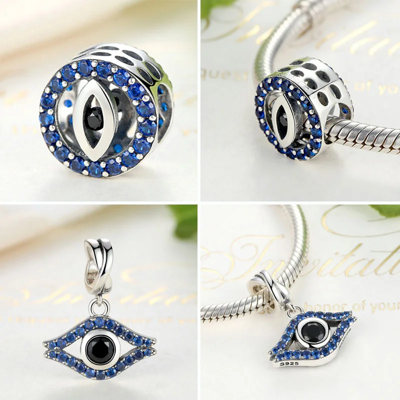 

925 Sterling Silver Blue Crystals Eyes Round Bead Fatima Hamsa Hand Charms Fit Charm Silver 925 Original Bracelet Jewelry