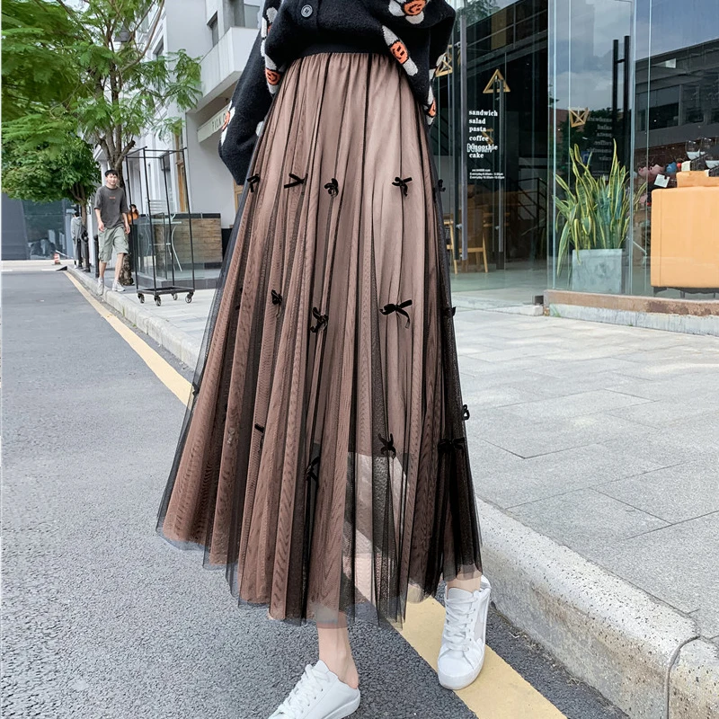 

Spring Solid High Waist Fairy Skirt with Bow Korean Slim Mesh Cake Skirt Fashion Sweet Casual Loose Gauze Skirts for Women 18385