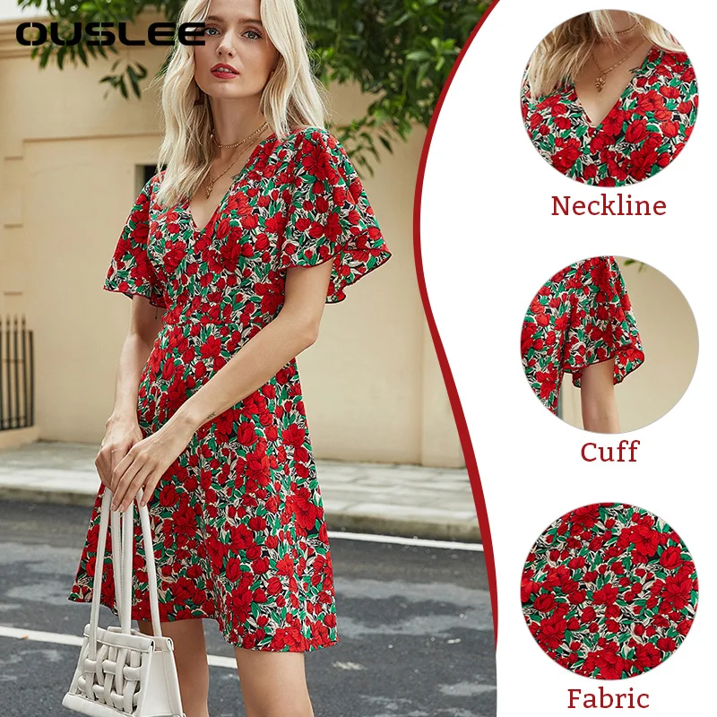 

OUSLEE 2021 New Women Floral Print Dress Sexy V Neck Short Sleeve Mini Dresses Summer Boho Elegant Party Dress Vestidos De Mujer