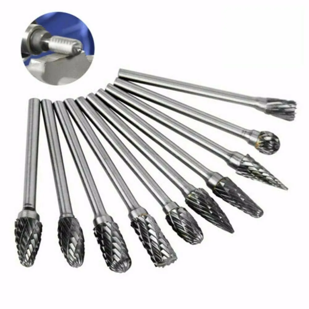 10pcs/Set 1/8 Tungsten Carbide Steel Rotary Drill Bit Burr Grinding Carving Head Wood Woodworking Tools