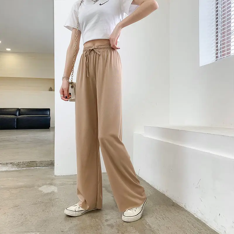 

Ice silk wide leg pants women's summer high waist thin drop feeling 2021 new loose mop leisure straight tube drop feeling pants