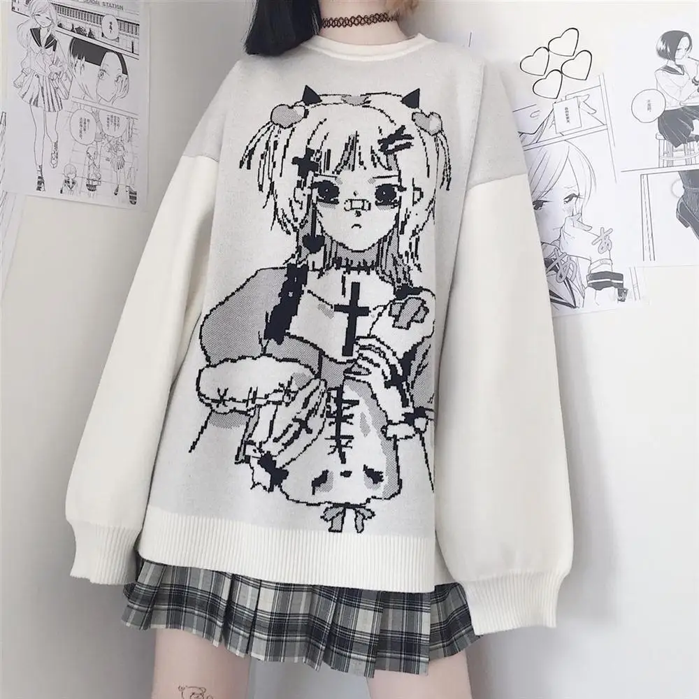 

2021 Autumn Winter Jacquard Sweater Cartoon Printed Long Sleeve Oversized Sweater Women Korean Fashion Harajuku Preppy Jumpers