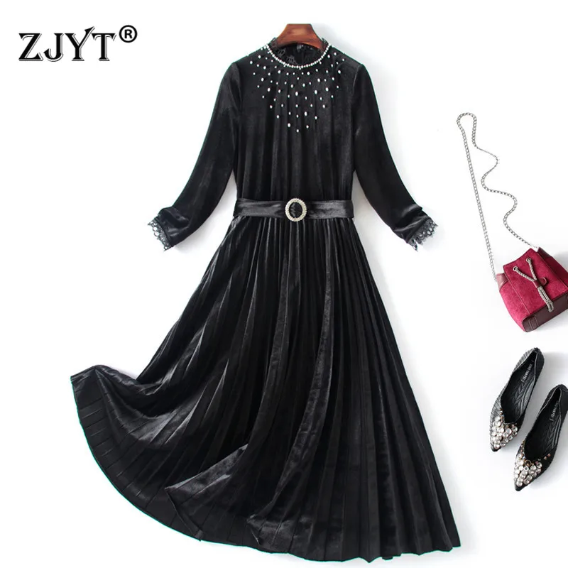 

Женское Плиссированное бархатное платье средней длины, Элегантное повседневное черное платье с длинным рукавом, расшитое бисером, Осень-зи...