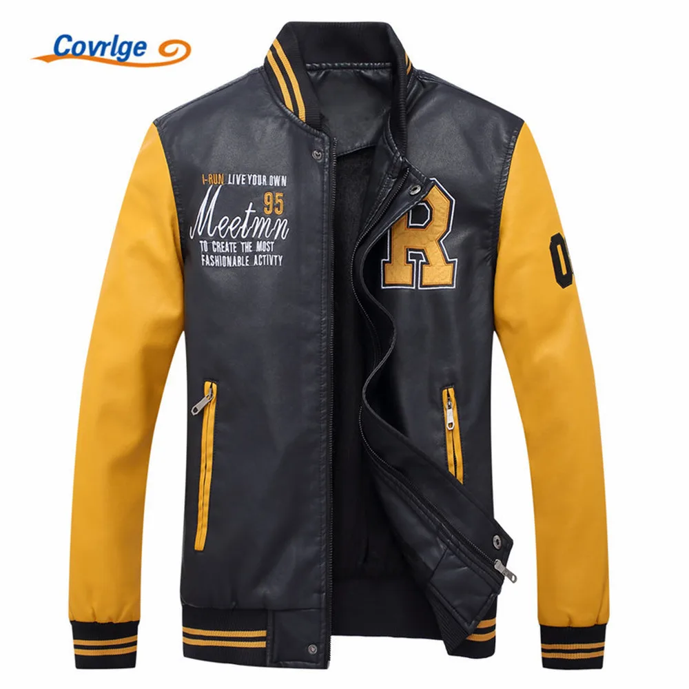 Covrlge Hot Sale Bomber Jackets Men Faux Leather Male Jacket Coats Casual Brand Autumn Winter Pilot Embroidery Outerwear MWP009 | Мужская