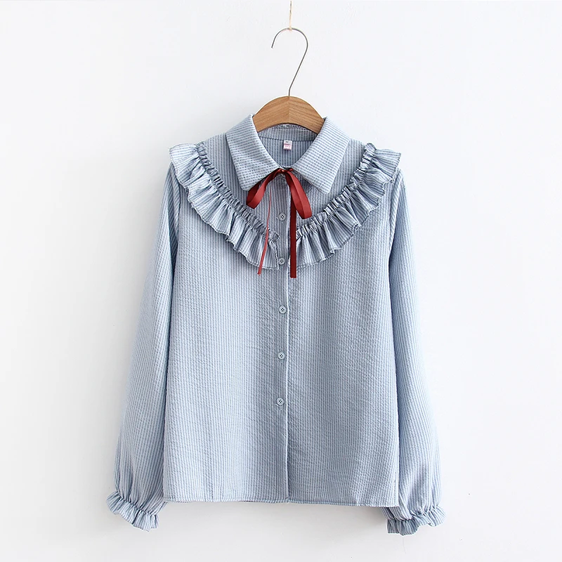 Blue - Ruffles Женская рубашка в полоску, однобортная, с оборками, с отложным воротником, с длинным рукавом, хлопковая блузка, на шнуровке, с бантом, распродажа T8D408Z - Цвет: Blue - Ruffles