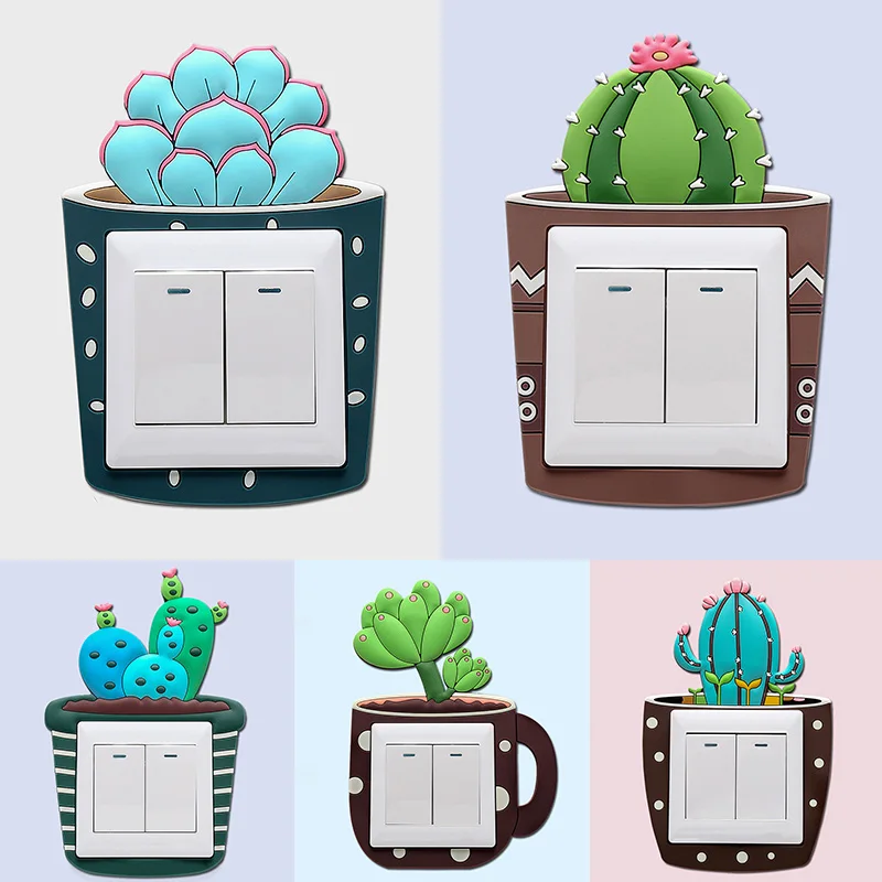Милые Мультяшные 3D флуоресцентные силиконовые наклейки на стену С КАКТУСОМ ВКЛ