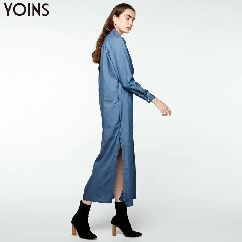 YOINS/женское длинное джинсовое платье рубашка с отложным воротником и длинными