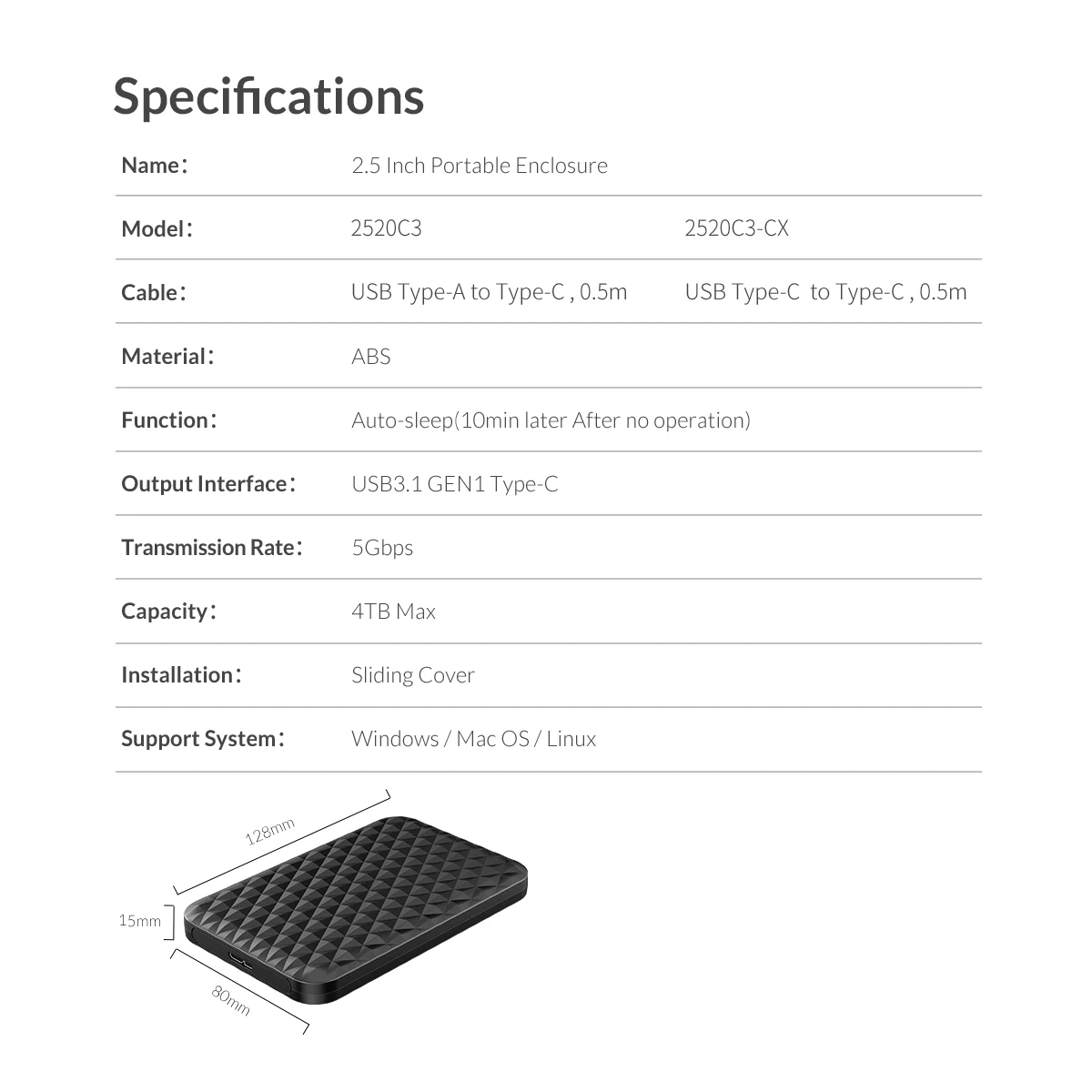 Чехол для внешнего жесткого диска ORICO 4 ТБ SATA на USB 3 0 корпус 7 9 5 мм 2 дюйма SSD HDD Type C