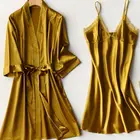 2021 новые женские халаты, пижамы атласное кимоно платье сексуальный комплект из 2 предметов, свободный комплект для девочек, кружевная ночная рубашка Домашняя одежда Мягкая ночное белье