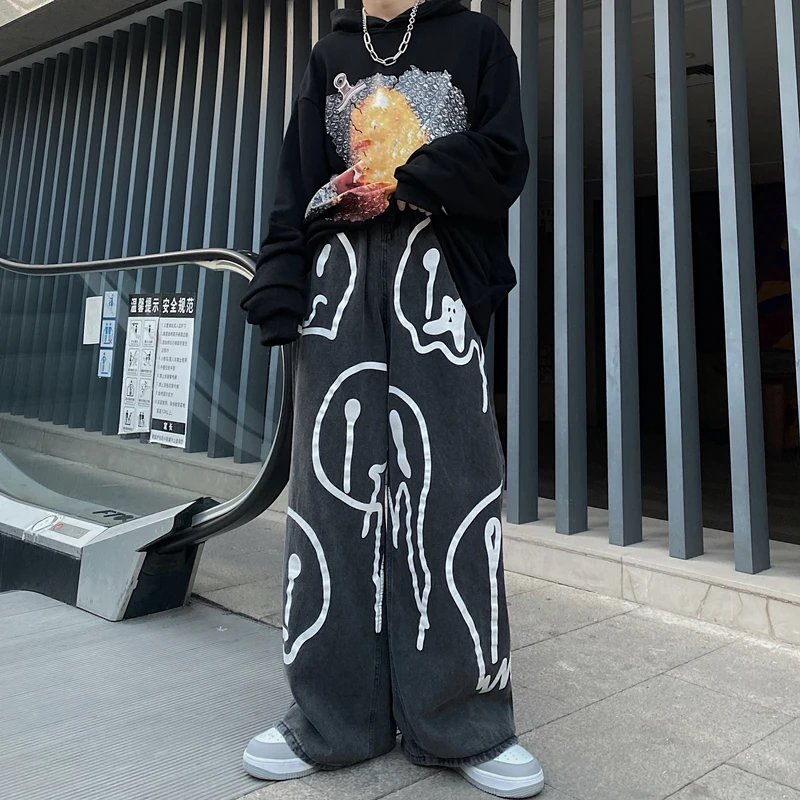 

Retro Washed Jeans Ins Dark Print Lazy Graffiti High Street Men And Women Loose Commuting Drape Casual Wide-Leg Pants