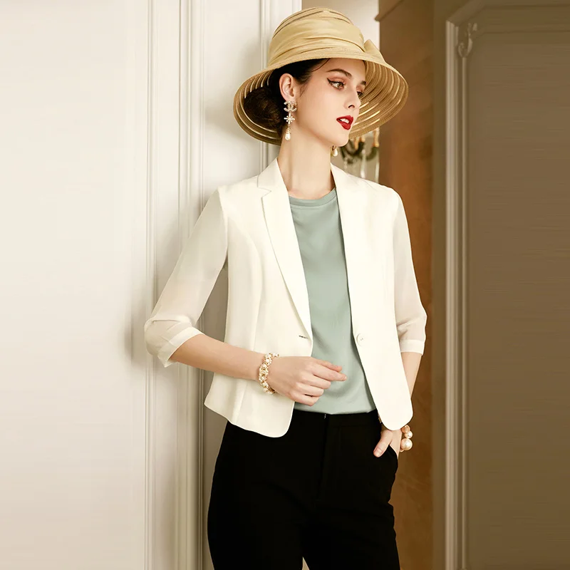 

SHZQ White Suit Coat Women's Thin 2021 New Fashion Chiffon Short Thin Coat Foreign Style Loose Five Point Sleeve