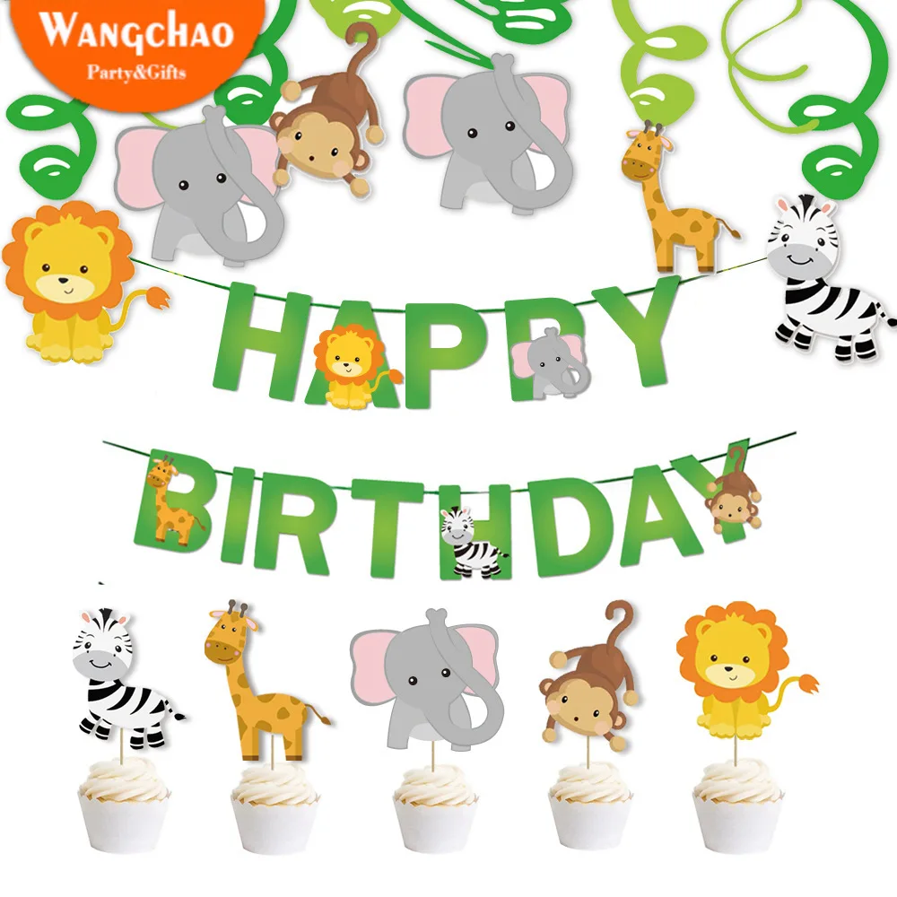 

Cartoon Happy Birthday Banner Animal Dinosaur Jungle Party Hanging Garland Paper Adult Birthday Party Decorations Kid Photobooth