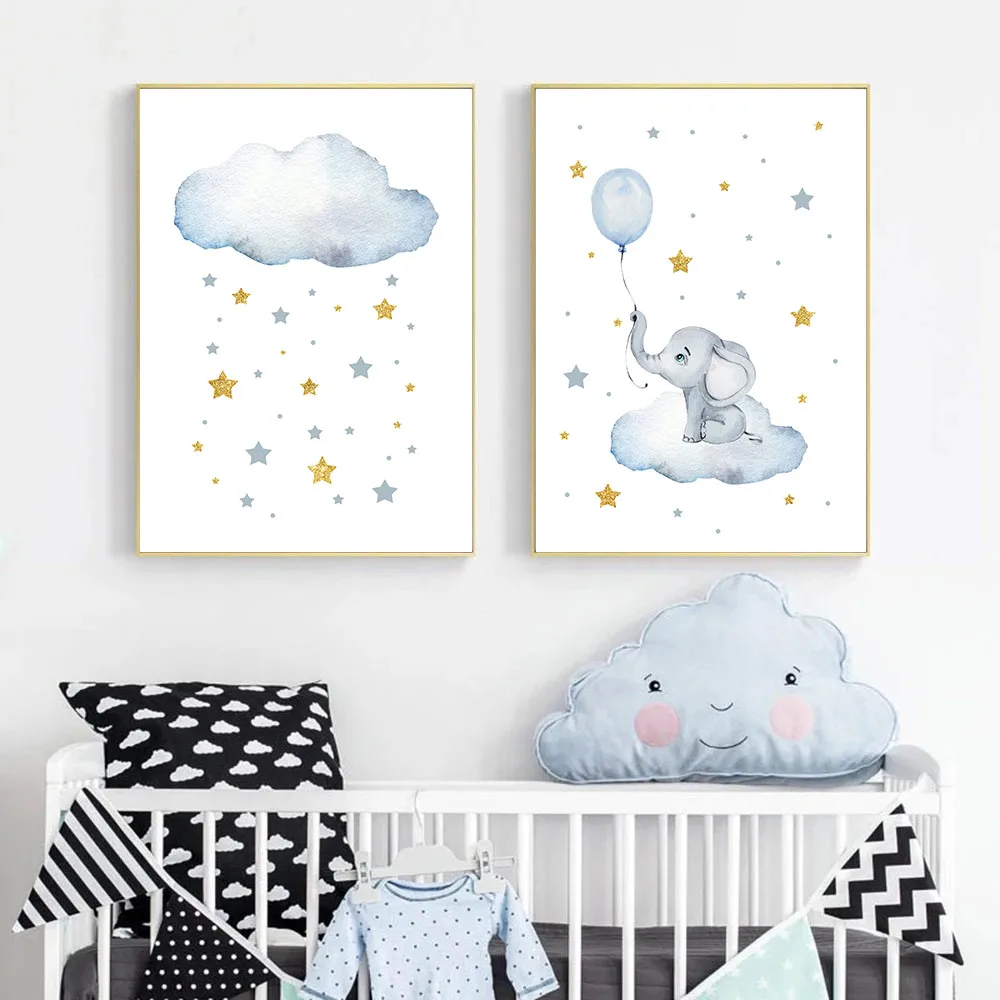Золотая синяя звезда облако слон воздушный шар Холст Картина плакаты и принты