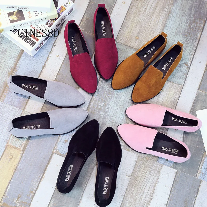 Женские тонкие туфли из флока с острым носком на низком каблуке женские