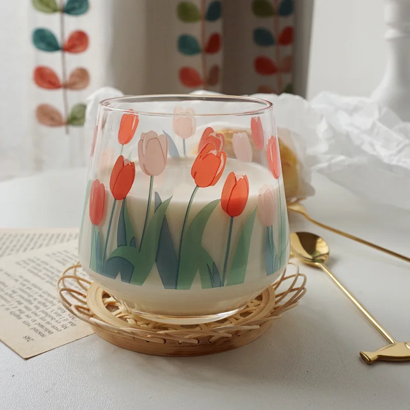 

Ins net red Korean hand painted flowers tulip glass girl milk coffee cup juice cup drink water cup