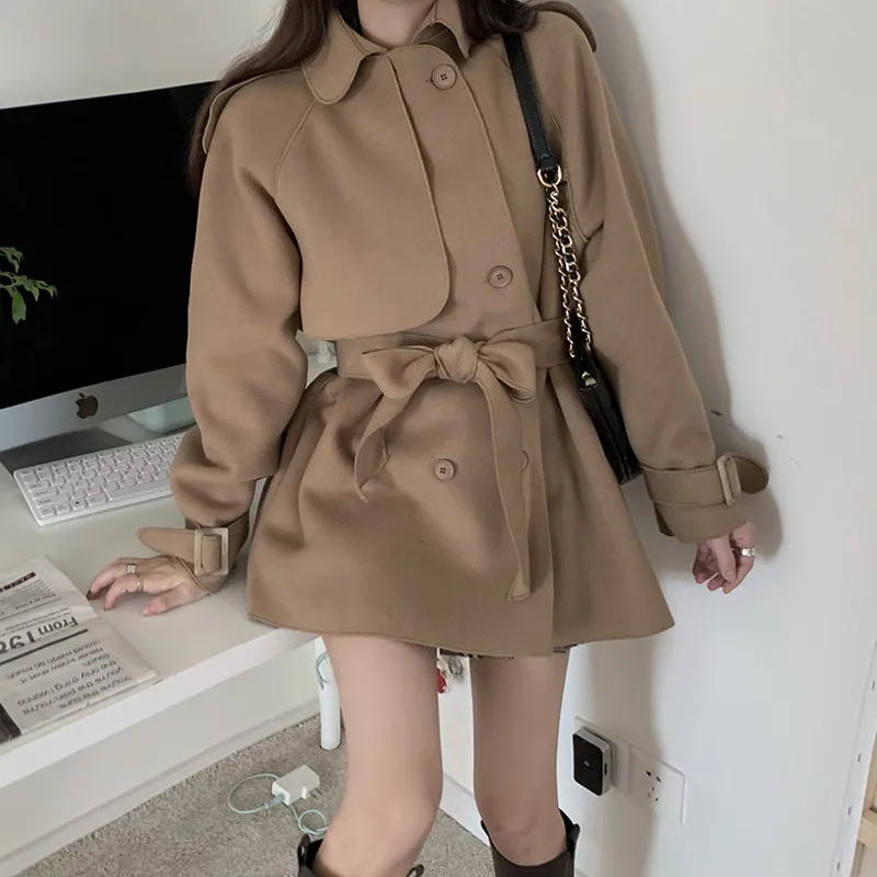 

Woolen Jackets Ladies Autumn Winter 2021 Chic Draw Back Belt Korean Fashion Single-Breasted Clothes Mid-Length Mujer Chaqueta