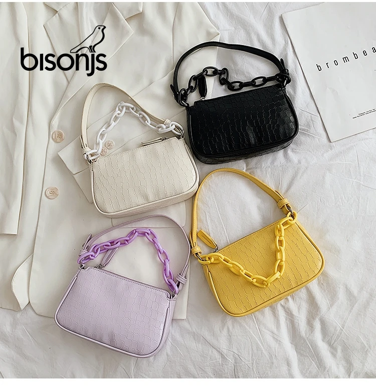 

BISONJS Soft Leather Women Purple Underarm Bag Retro Solid Ladies Baguette Handbags Fashion Design Girls Small Shoulder Bags