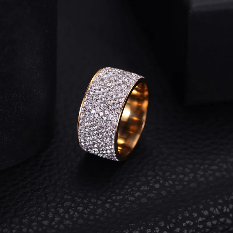 Simple 8 Rows Clear Crystal Pave 316L Stainless Steel Women Wedding Rings Hip Hop Gold Silver Color Rhinestone Party Jewelry | Украшения и