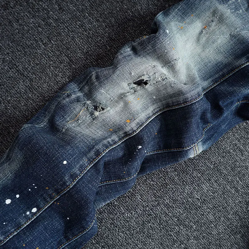 European Street Style Fashion Men Jeans Retro Blue Elastic Slim Fit Ripped Jeans Spliced Designer Hip Hop Denim Punk Biker Pants