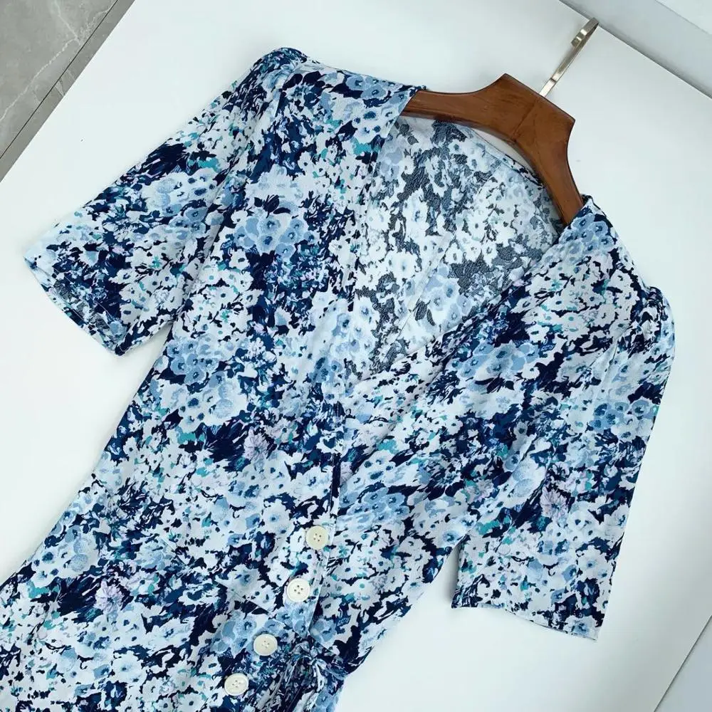 Women V-neck Floral Wrap Dress Summer Casual Tie Waist Short Sleeve Split Slim Dress