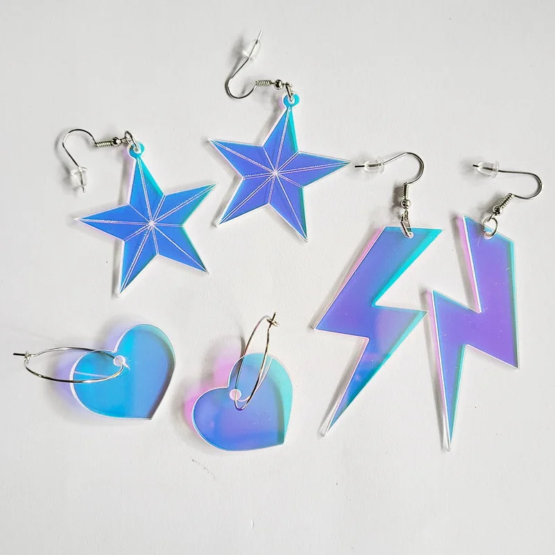 

2021 New Colorful Laser Color Chang Acrylic Dangle Heart Long Earrings Exaggerated Hollow Pentagram Lightning Earrings for Women