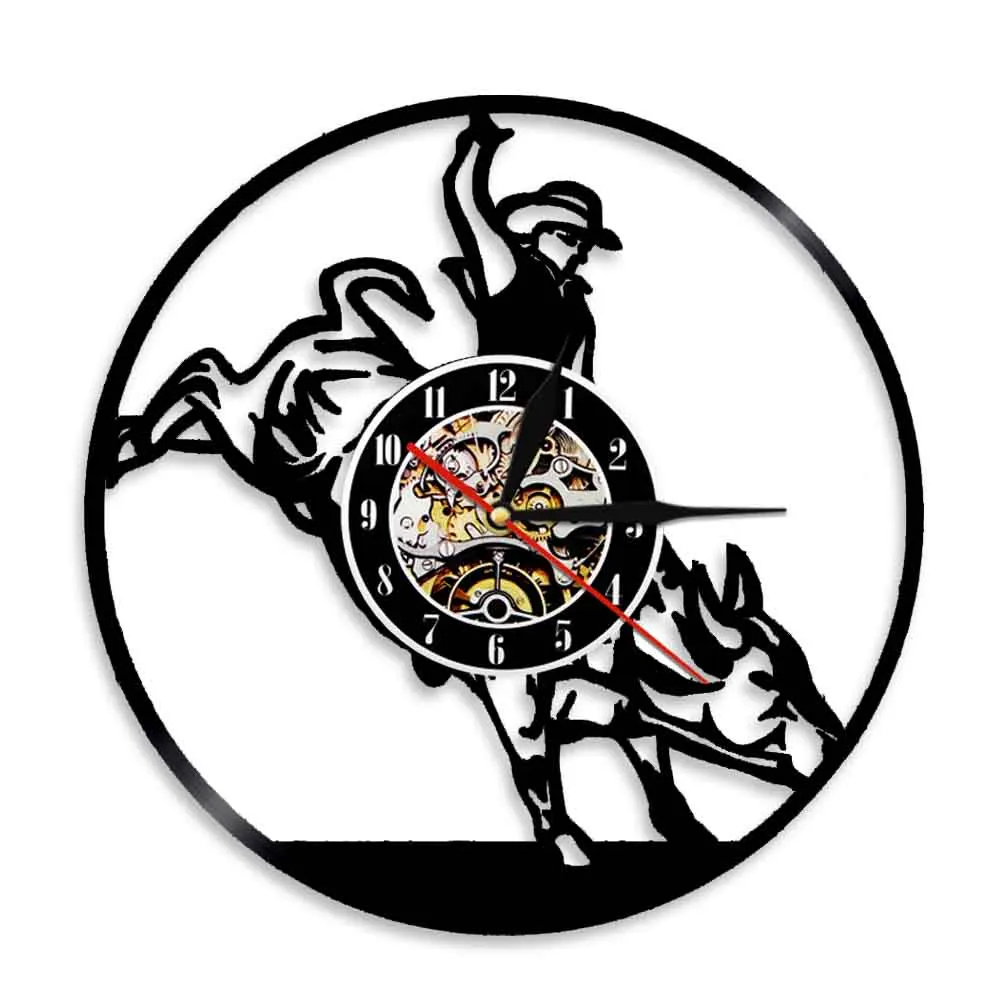 Bull Rider Cowboy Silhouette Wall Clock Vintage Western Cowboy Bullfighter Vinyl Record Wall Clock Retro Wall Art Decor