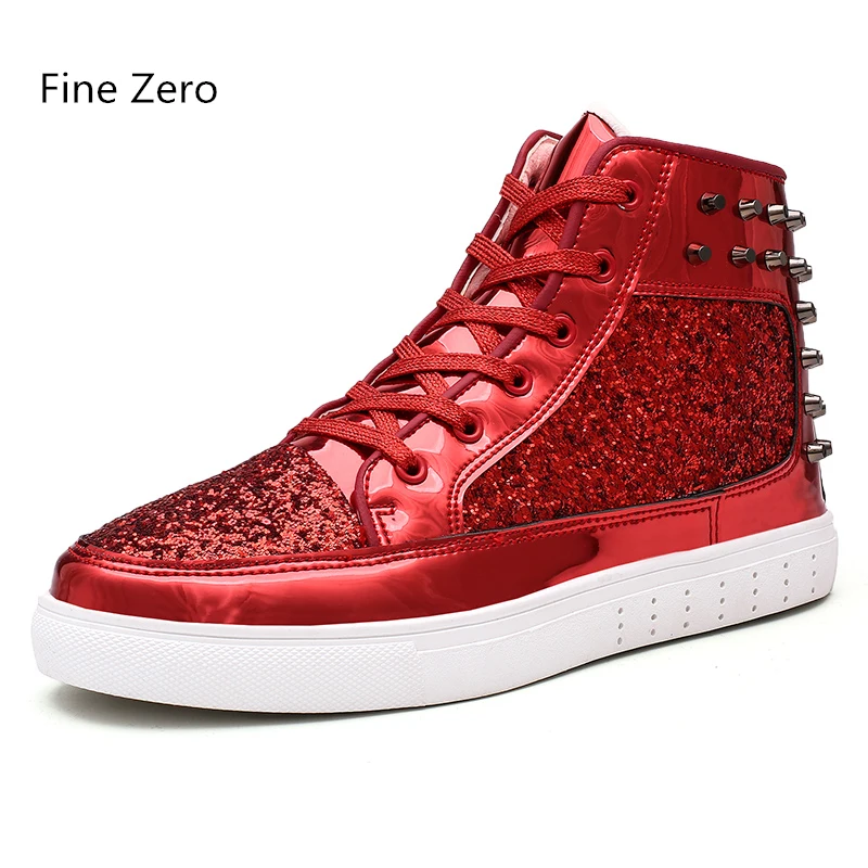 2020 Spring Autumn Unisex lace up bling shoes Male Gold Silver Studs High Tops Men Super cool Sneakers Couple Glitter Flats | Обувь