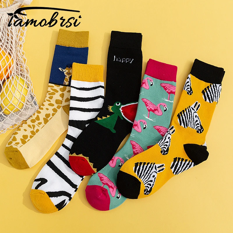 zebra-flamingo-giraffe-dinosaur-animal-socks-streetwear-funny-cartoon-pattern-novita-cotone-warm-short-happy-women-men-socks