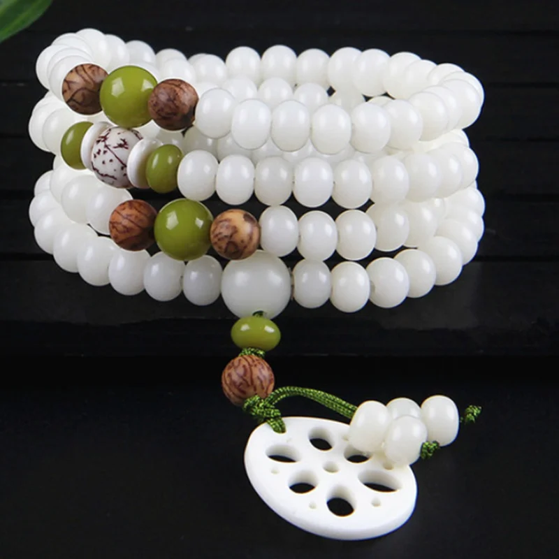 

Original White Jade Bodhi Root Bead Feng Shui Bracelet for women with 108 Rosary Lotus Bodhi good Lucky Amulet Jewellery