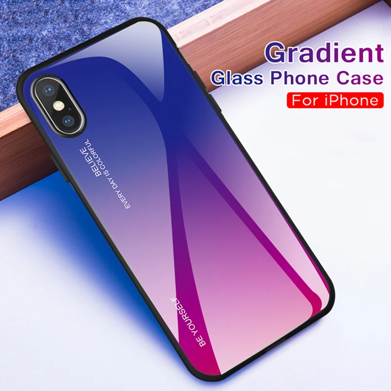 Gradient Colorful Tempered Glass Case for iPhone 7 8 Plus 6 6S Smartphone Full Cover Stained Glossy XR X XS Max | Мобильные телефоны
