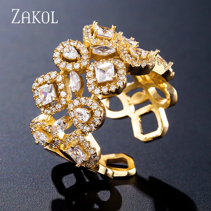 Gold Color Новинка, роскошные свадебные Открытые Кольца ZAKOL белого золотистого цвета глиттер с кубическим цирконием для элегантных женщин, вечерние ювелирные изделия для помолвки FSRP2111 - Цвет основного камня: Gold Color