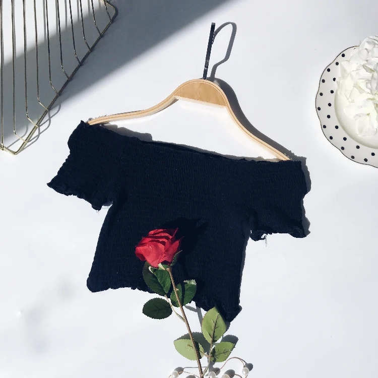 Short Tops Элегантная женская мини-рубашка с вырезом лодочкой, повседневная, милая, женская, короткий рукав, эластичная, высокая талия, тонкая блуза, сексуальная, короткий топ - Цвет: Short Tops
