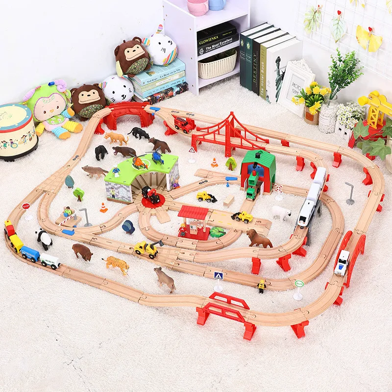 Wild animal track Wooden Train Track Set Dinosaur Wildlife Scene Wooden Train Track Toy Set Brio Railway Magical Bridge Accessories Toys For Child - Цвет: Wild animal track
