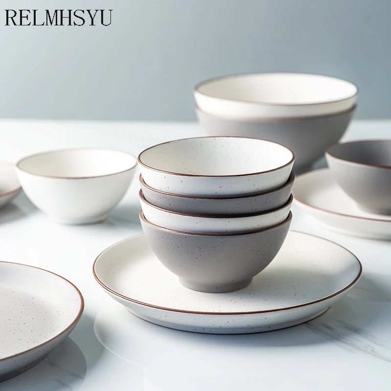

1PC RELMHSYU European Style Ceramic Round Retro Rice Soup Noodle Dinner Bowl Vegetable Steak Dessert Dinner Plate Tableware