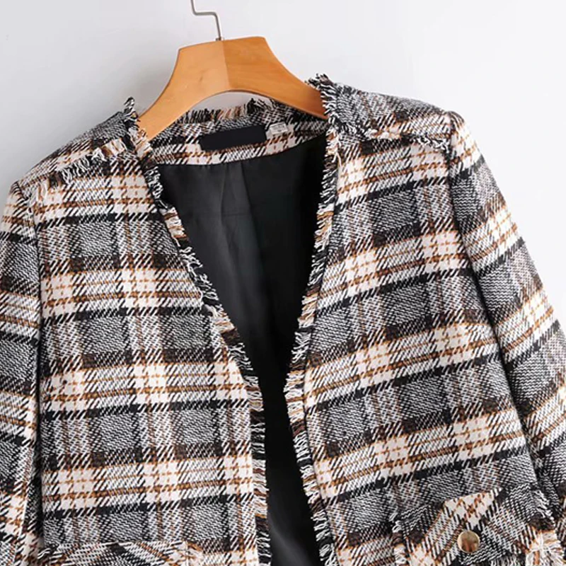 Куртка женская твидовая клетчатая короткая модный винтажный кардиган в клетку с