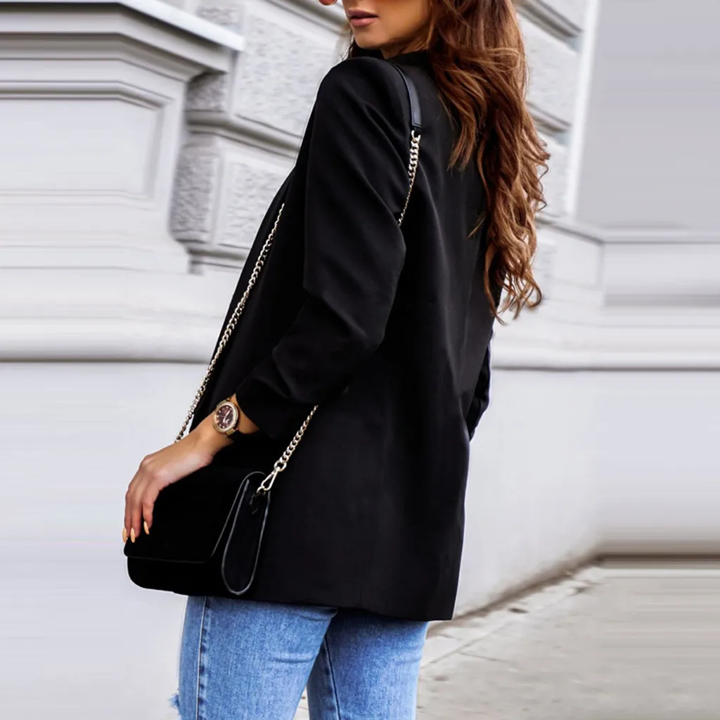 Женская мода отложной воротник однотонный длинный рукав тонкая верхняя одежда